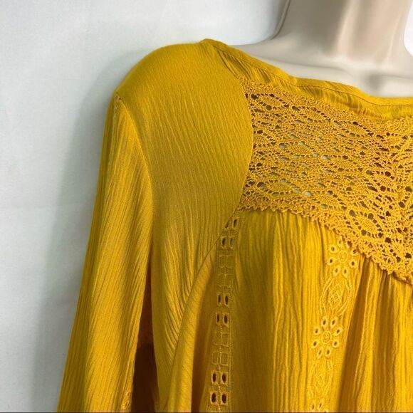 Adiva Mustard Gold Ruffled Boho Long sleeve tunic gauze top - Picture 4 of 16